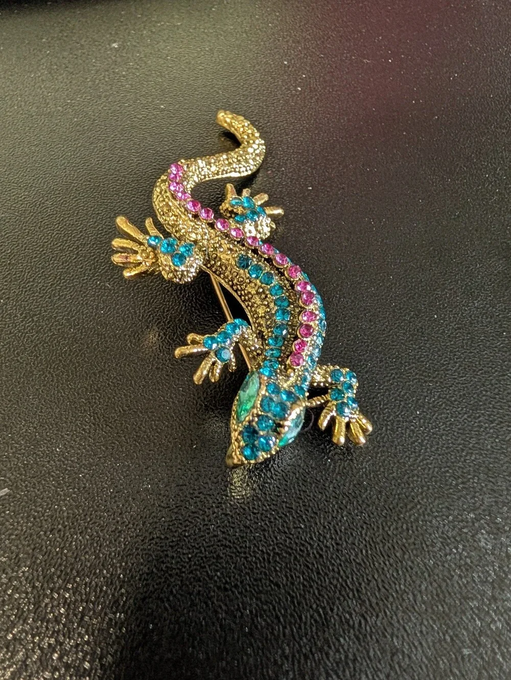 Gold-tone Jeweled Lizard Accent — Blue and Pink Crystals